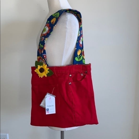 Upcycled Denim Purse Red Floral - Picture 1 of 4